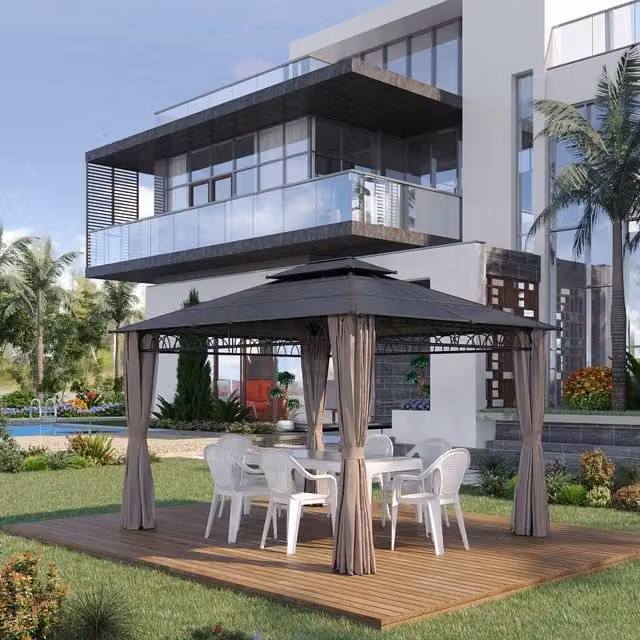 Outsunny Modern Hard Top Gazebo with Polycarbonate Roof, W/D/H: 300 x 300 x 300 cm, Grey and Black
