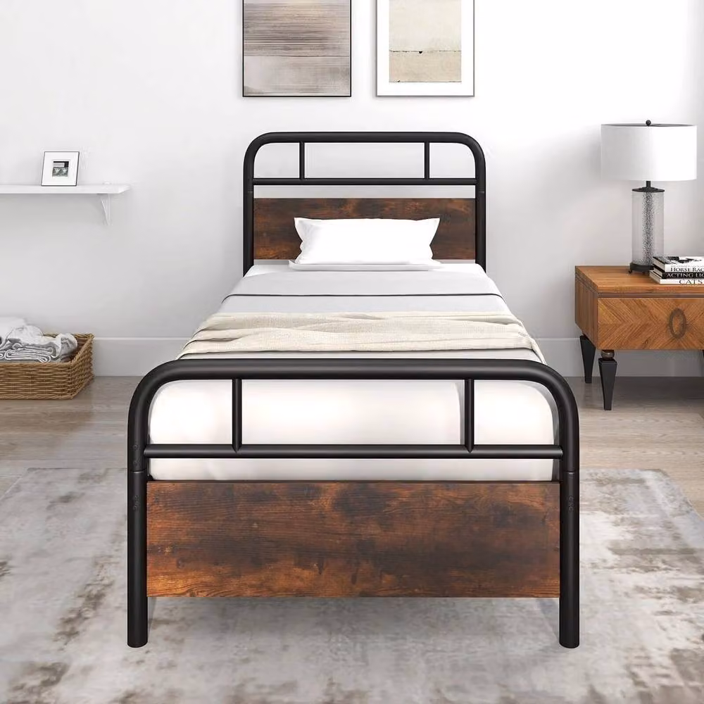 Kelvenix Single Size Metal Platform Bed Frame with Slats in Brown, W/D/H: 90 x 200 cm – 3