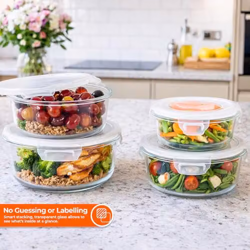 Innoteck Set of 4 Round Transparent Glass Storage Containers with Airtight Snap Lock Lids – 4