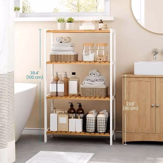 The Bazaarist 4 Tier Bamboo Freestanding Storage Shelf in White and Natural