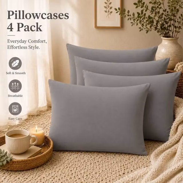 Pamposh Set of 4 Grey Mako Satin 300 Thread Count Cotton Sateen Standard Pillow Cases – 1