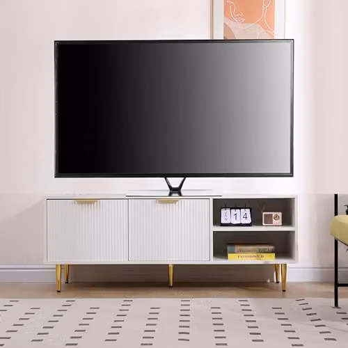 MMT White TV Stand Cabinet with Fluted Ribbed Gloss Doors and Gold Legs, W: 130 cm, D: 40 cm, H: 50 cm – 2