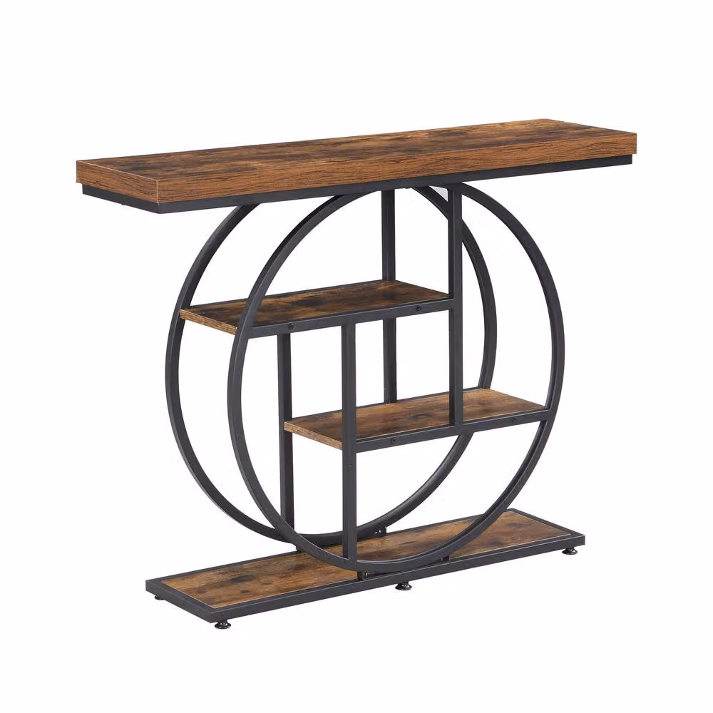 Mona Vale Furniture 4-Tier Brown Wood and Metal Minimalist Hallway Console Table with Circle Frame – 2