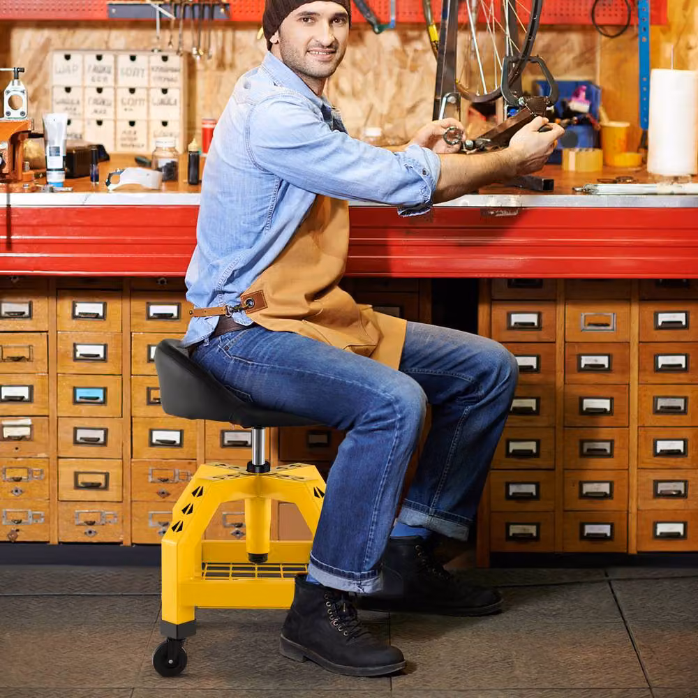 Costway Rolling Mechanic Stool Height Adjustable Workshop Creeper Seat, Yellow – 2