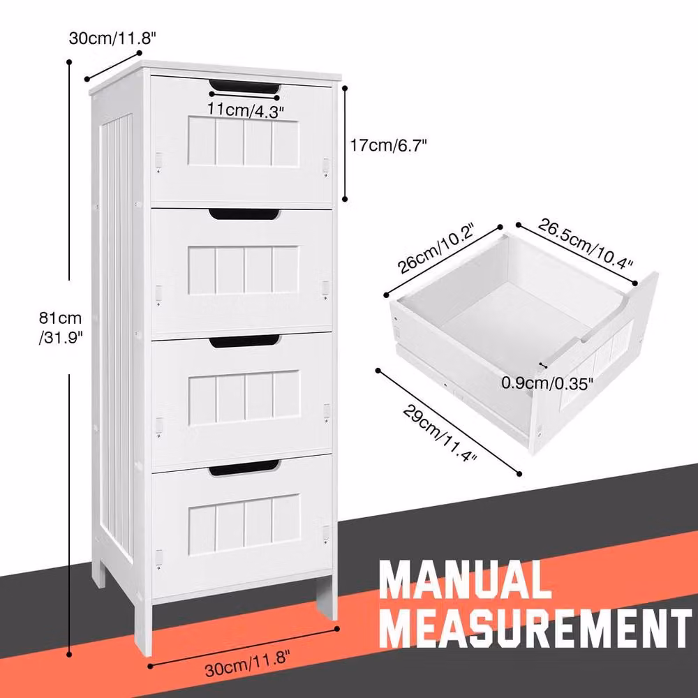 KORVIXA White Modern Freestanding Bathroom Cabinet with 4 Drawers, W: 70 cm, H: 75 cm – 2