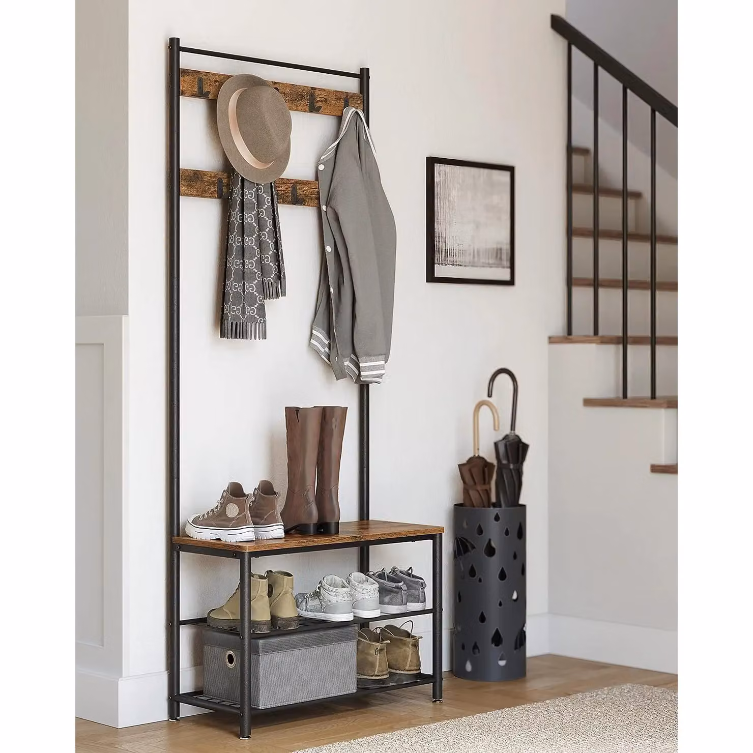 VASAGLE Industrial Hallway Coat Rack with Bench and Shoe Rack, Metal Frame, Dark Brown – 2