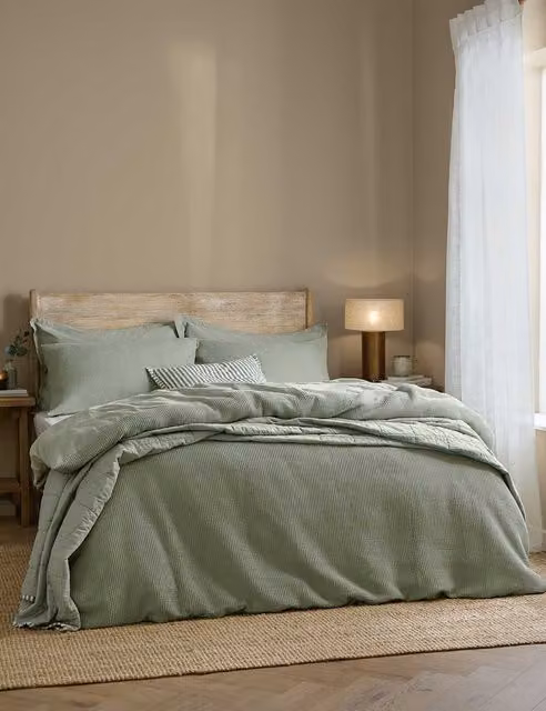 YARD Hebden Waffle Bedding Set, Pure Cotton Percale, Olive Green, 200 x 200 cm