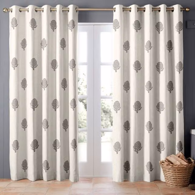 Emily Bond Made to Measure Globe Blackout Floral Cotton Curtain Panel in Grey Pebble with Eyelets
