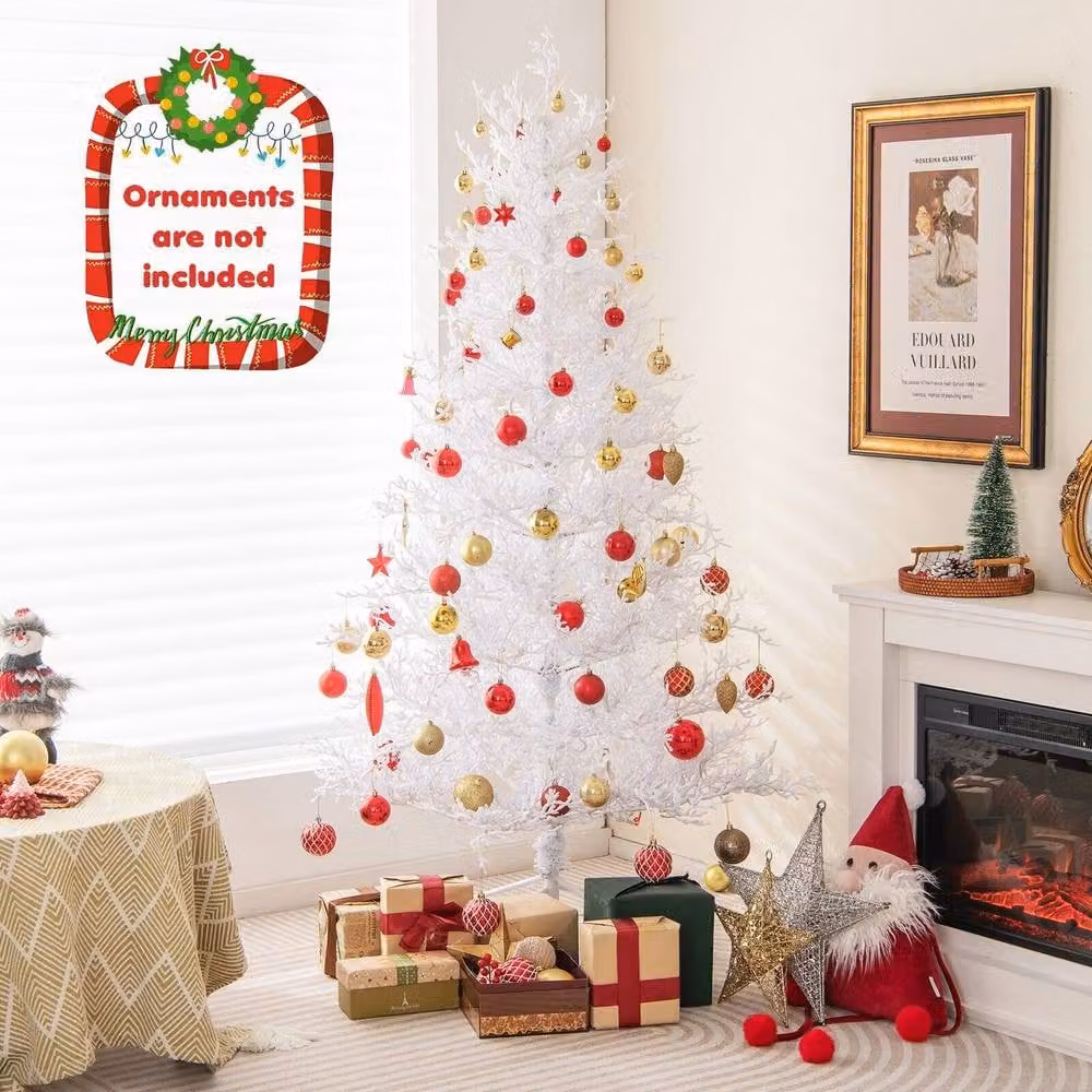 Costway 6ft Pre-Lit Flocked Artificial Christmas Tree with 300 LED Lights in White – 5