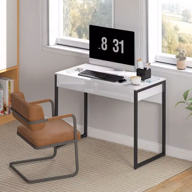 HOMCOM High Gloss Modern Computer Desk with 2 Drawers in White