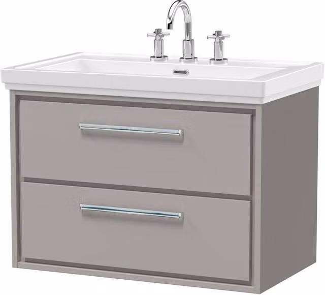 Balterley Modern Wall Hung 2-Drawer Bathroom Vanity Unit with Fireclay Basin, Grey, Width: 80 cm – 1