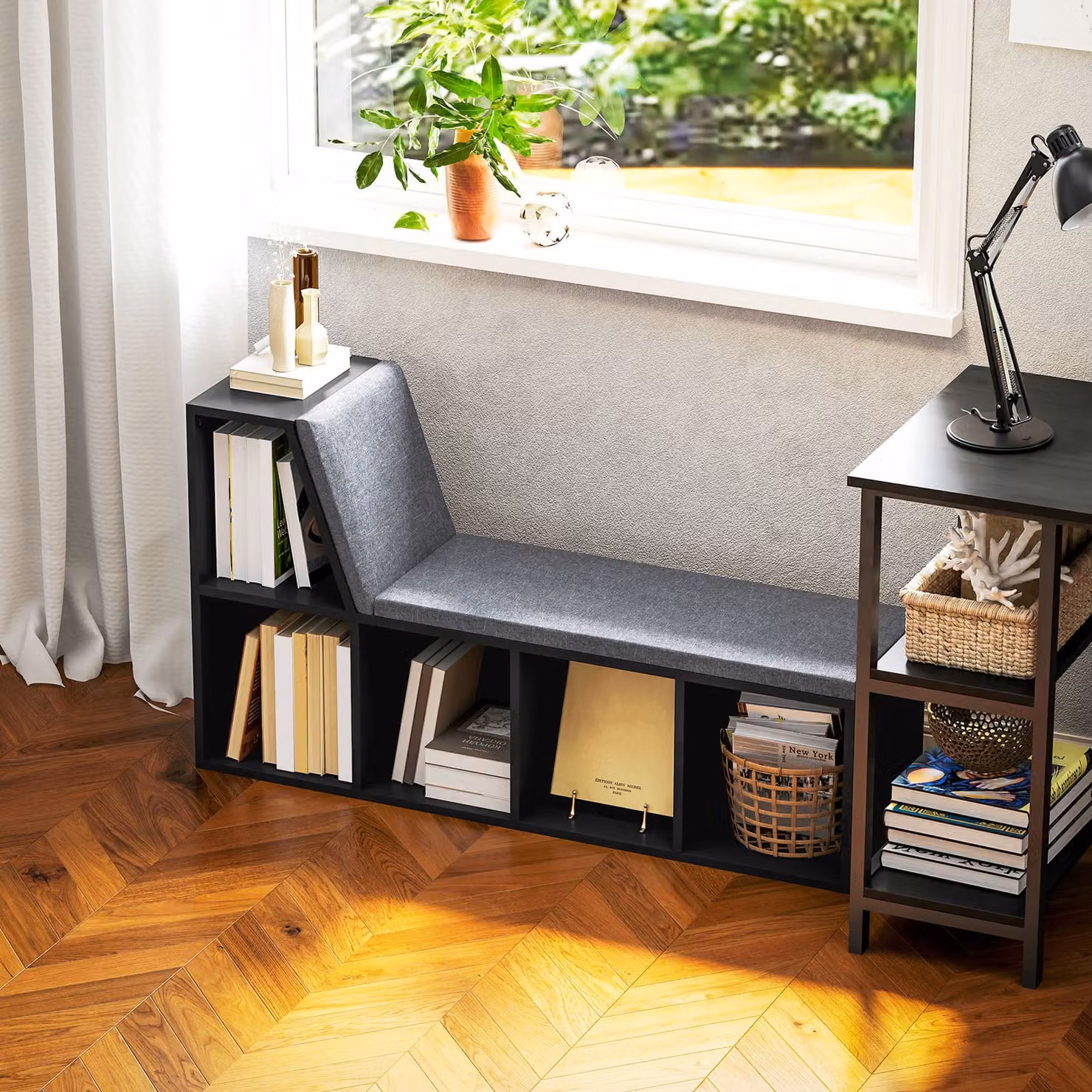 HOMCOM 2 Tier Modern Black Wood Bookshelf with Removable Cushions – 7