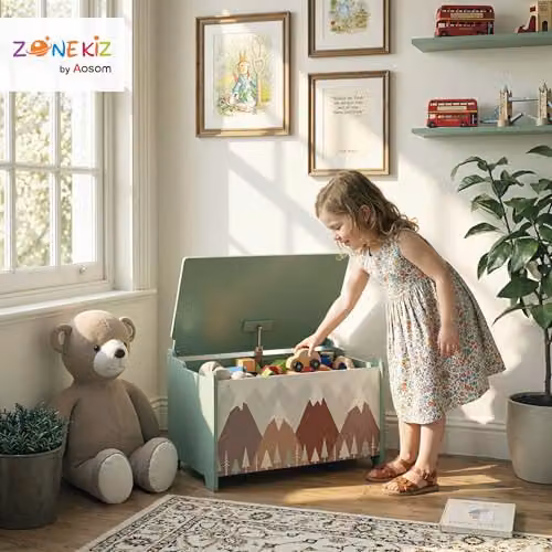 ZONEKIZ Childrens Toy Box with Soft Close Lid and Castors, Green Floral Design – 2