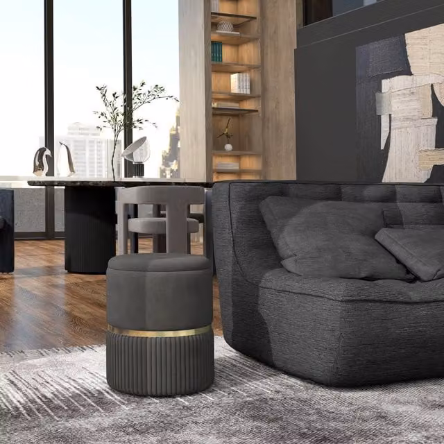 HOMCOM Round Velvet Storage Pouffe and Padded Foot Stool in Grey