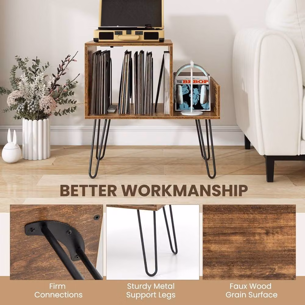 Costway Mid-century Modern Record Player Stand and Turntable End Table in Brown – 3
