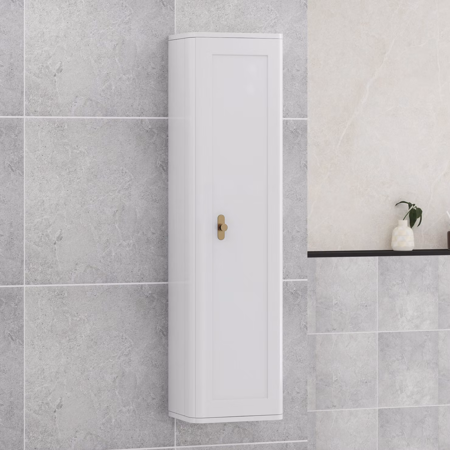 Royal Bathrooms Henley Gloss White 1-Door Wall Hung Tall Boy Cabinet Unit with Brushed Brass Knob, Height: 139 cm