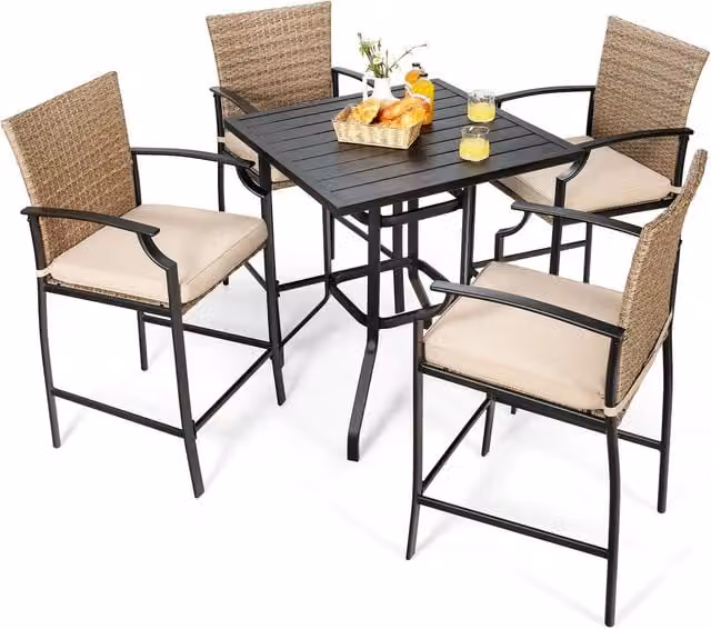 Costway 5 Piece Outdoor Bistro Set with 4 Rattan Chairs and 1 Bar Table in Multicolour