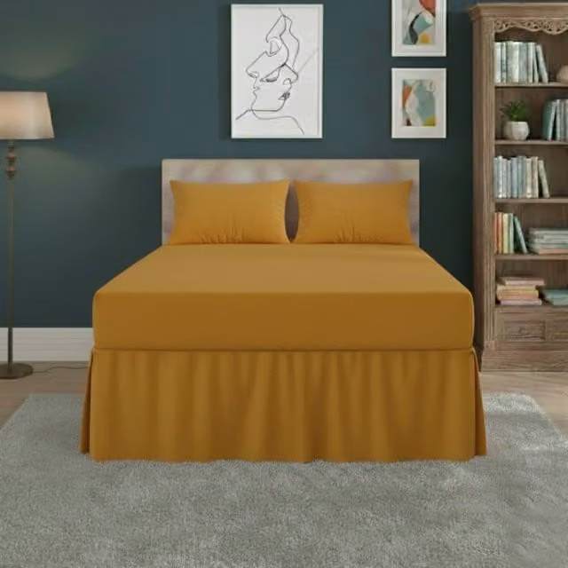 Snug City King Size Fitted Valance Bed Sheet in Mustard Yellow, Polycotton Mattress Cover with Frill, W/D/H: 180 x 200 cm