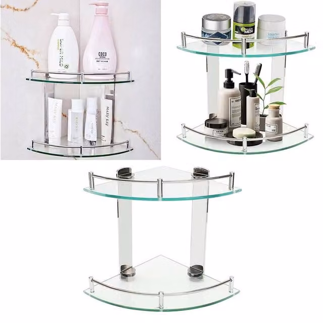 FORGEVIO 2 Tier Glass Corner Shower Caddy in Clear, Wall Mounted, W: 180 cm x D: 180 cm