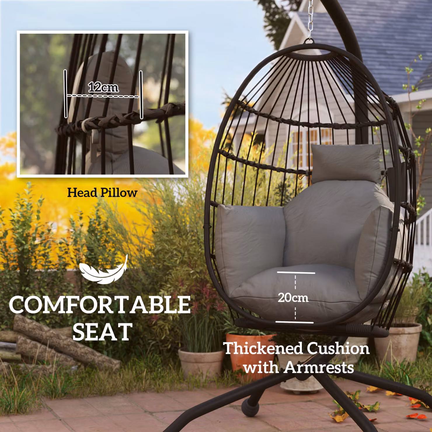 Outsunny Hanging Egg Chair with Stand and Cushions, Dark Grey Rattan Swing Chair for Indoor and Outdoor Use – 4