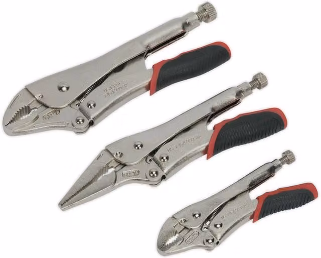 Loops 3 Piece Quick Release Locking Pliers Set, Curved and Long Nose, Silver Stainless Steel and Chrome Molybdenum