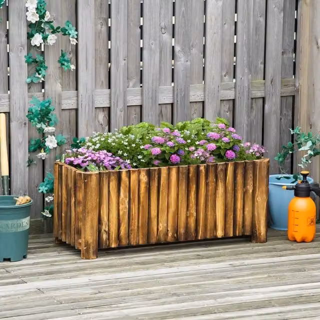 OUTSUNNY Wooden Raised Flower Bed Rectangular Planter in Natural Brown, W: 121.92 cm, D: 38.5 cm – 1