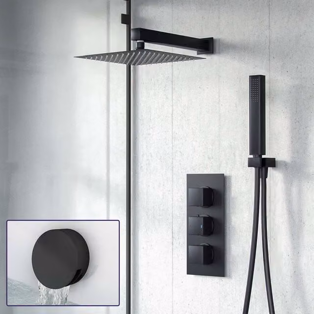 Nes Home Matte Black 3-Way Thermostatic Mixer Valve with 200 mm Square Overhead Shower, Handheld Shower and Bath Filler Set