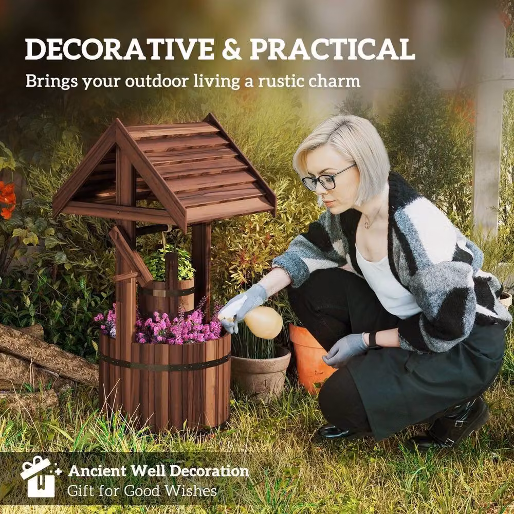 EONLION Brown Wood Wishing Well Planter with Tub – 3