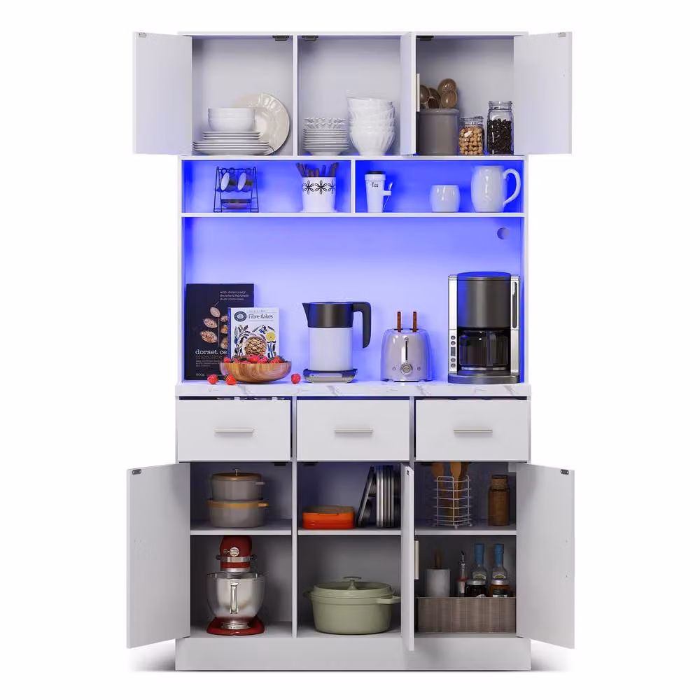 Rolipo Modern Tall Kitchen Pantry Cupboard in White with Integrated LED Lighting and UK Power Sockets, Height: 180 cm – 3