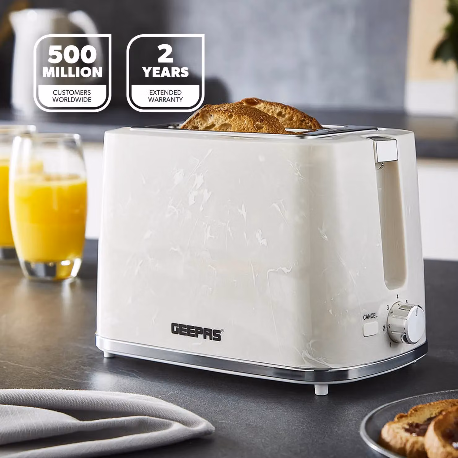 Geepas Skye Collection 2 Slice Bread Toaster with 7 Level Browning Control and Crumb Tray in White – 2