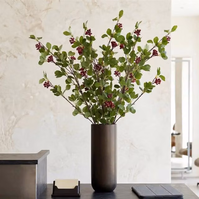 Pack of 6 Red and Green Artificial Berry Stem Faux Foliage Sprays, Height: 90 cm