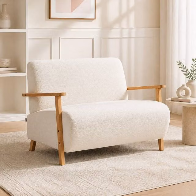STILVORA 2 Seater Bouclé Fabric Sofa with Solid Rubberwood Frame in Beige
