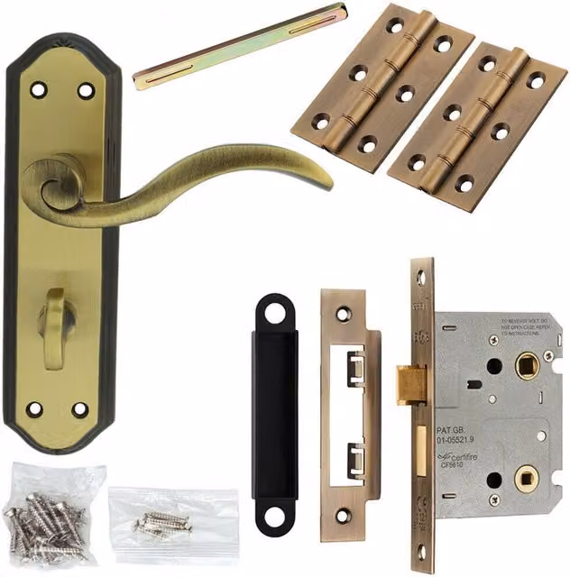 Loops Bronze Spiral Lever Door Handle and Bathroom Lock Pack with Thumb Turn and Backplate – 1