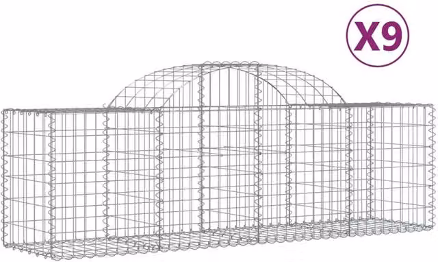 Berkfield Home Arched Gabion Baskets, 9 Piece Set, Silver Galvanised Steel, W: 200 cm, D: 50 cm, H: 60-80 cm