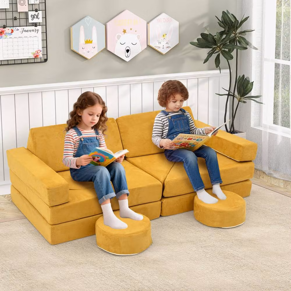 Gymax 14 Piece Modular Kids Play Couch and Child Sectional Sofa in Yellow – 2