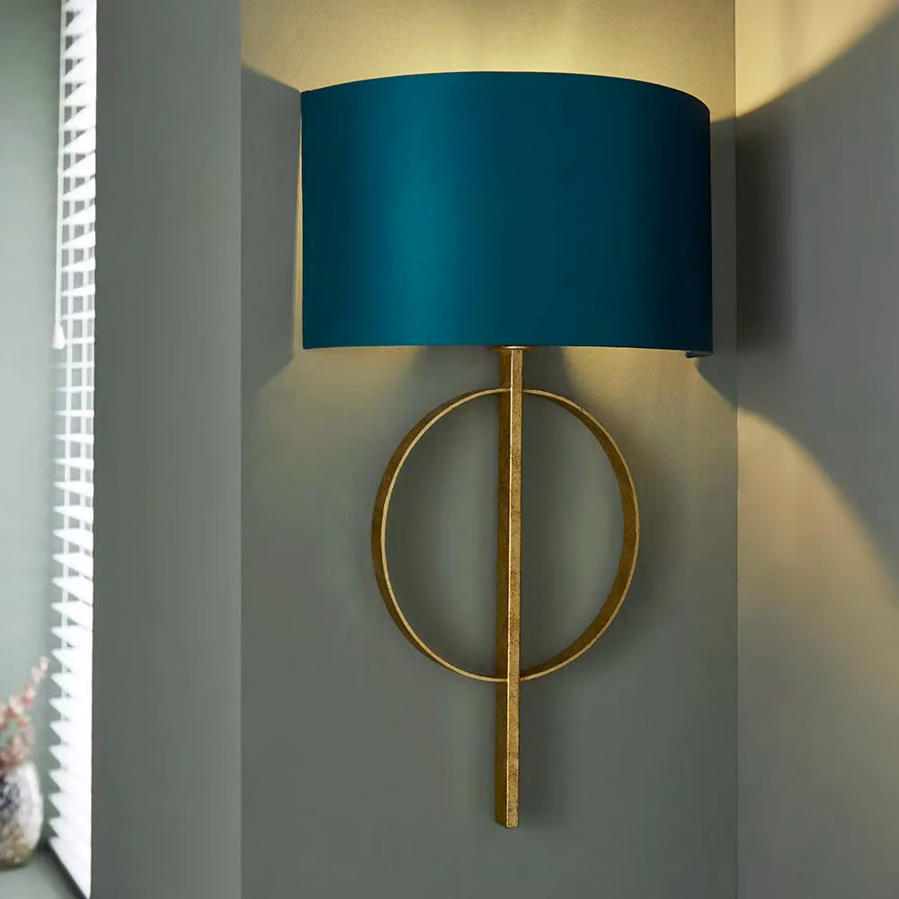 Loops Antique Gold Leaf Wall Light with Teal Satin Half Shade and Dimmable LED Filament Lamp – 3