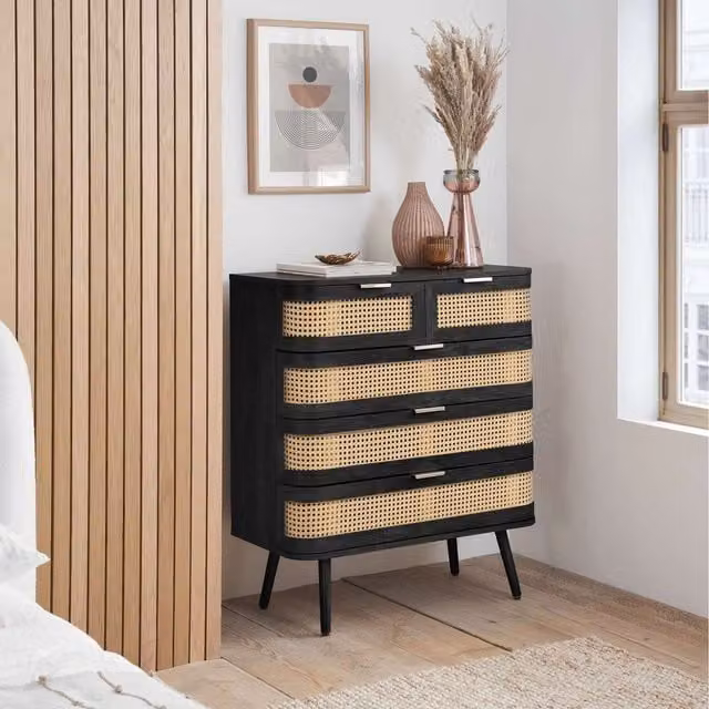 Birlea Sark 5 Drawer Chest in Black Rattan and Wood Mid Century Modern Style