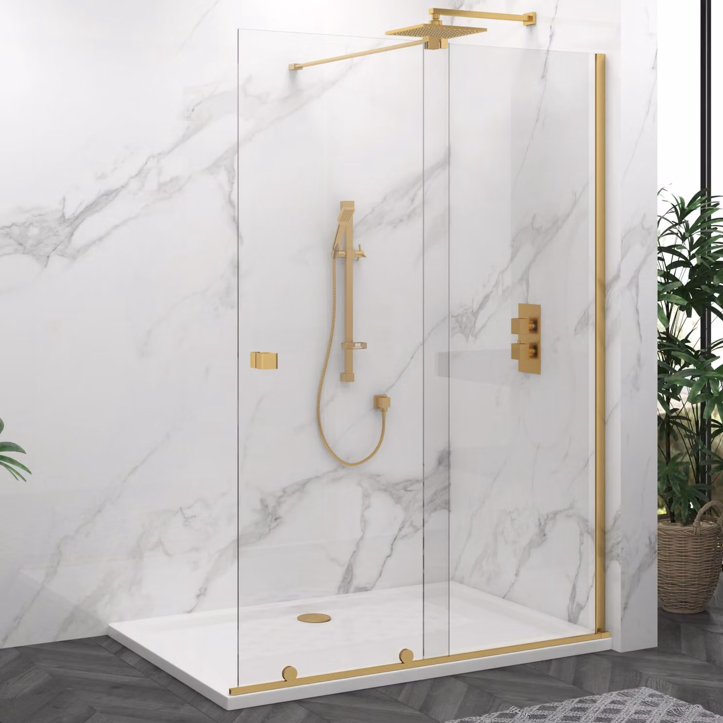 Royal Bathrooms Luton Sliding Wet Room Shower Screen with 8mm Easy Clean Clear Glass, W: 160 cm, H: 195 cm, Brushed Brass