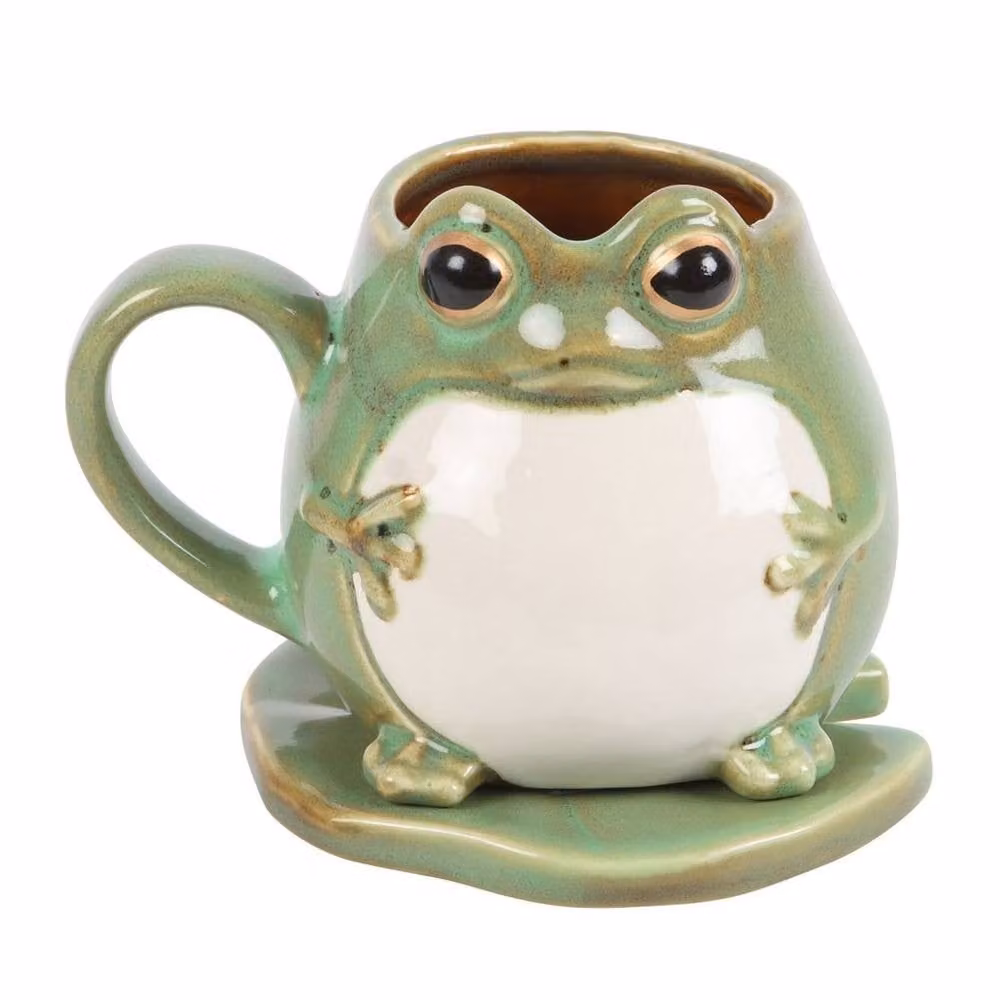 Uniqueful Ceramic Frog Shaped Mug and Lily Pad Saucer in Green, 1000 ml – 2