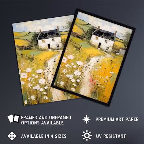 Artery8 Welsh Countryside Cottage Rolling Hills and Wildflowers Framed Oil Painting Art Print, Multicolour, W/H: 30.48 x 40.64 cm – 2