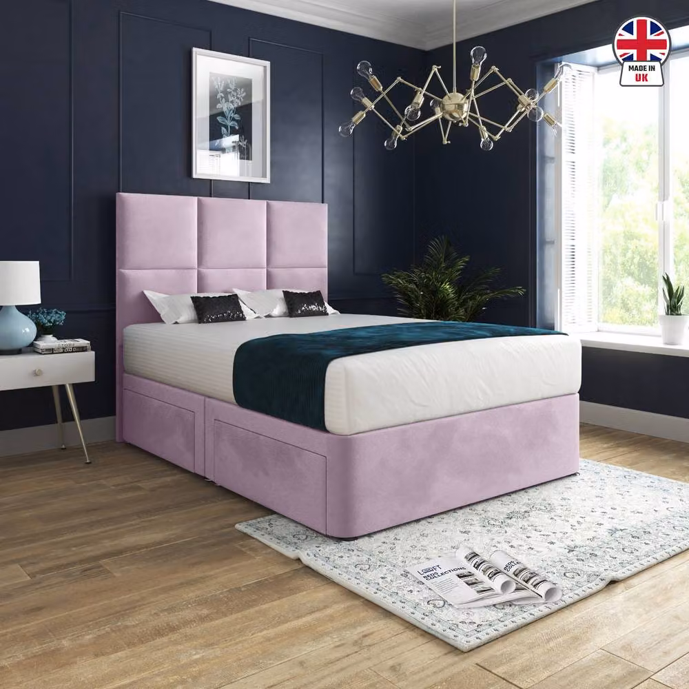 KDMD Isham Pink Velvet Upholstered Designer Bed Frame with Floorstanding Headboard, W/D/H: 200 x 200 x 137 cm – 3