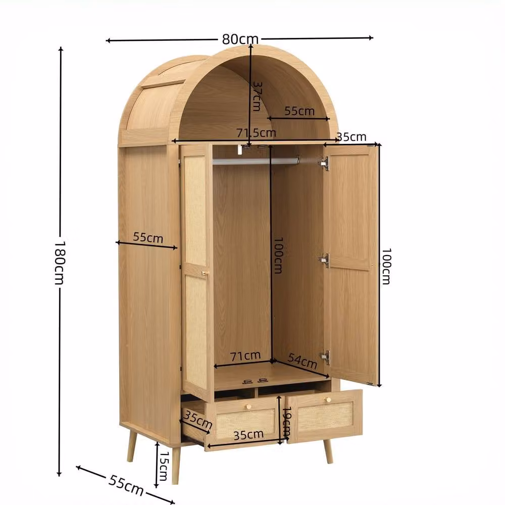 Matteo Modern Rattan-Effect Double Wardrobe with Hinged Doors and Integrated Drawers in Natural Oak – 4