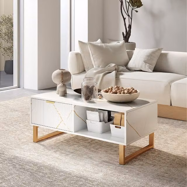 HOMCOM Modern Marble-Effect Coffee Table with Storage in White and Gold
