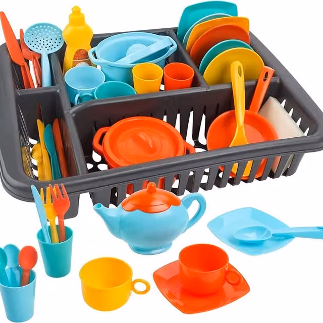 deAO Kitchen Drainer and Cooking Dishes Play Set with Over 40 Accessories in Blue and Multicolour