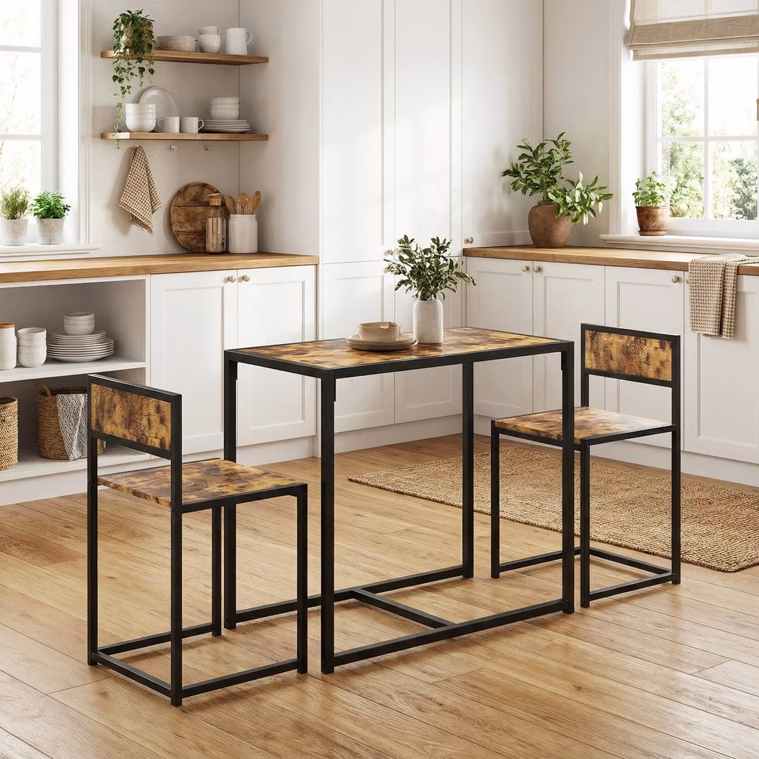 HOMCOM 3 Piece Industrial Kitchen Table and Stool Set in Brown and Black – 2