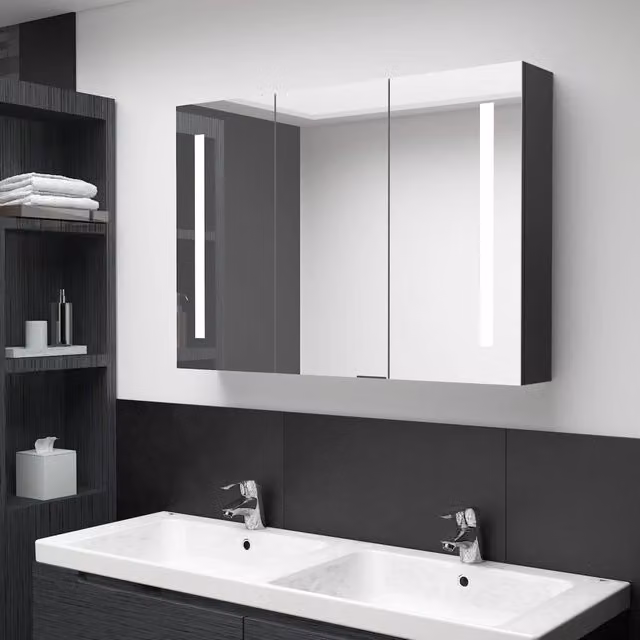 Berkfield Home LED Bathroom Mirror Cabinet in Glossy Black, W/D/H: 89 x 14 x 62 cm