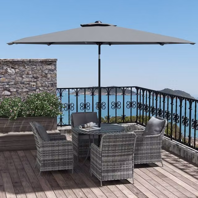 Outsunny 6 Piece Modern Polyrattan Garden Furniture Set with Round Table and Umbrella in Mixed Grey