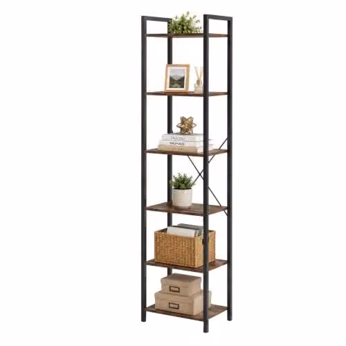 Levede 6-Tier Tall Narrow Bookshelf with Door, Walnut and Brown, W/D/H: 30 x 30 x 187.5 cm – 1