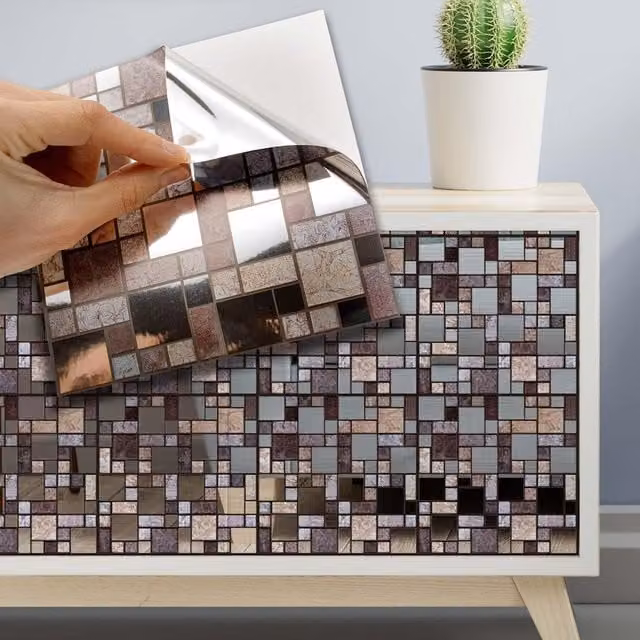 Walplus Metallic Wall Tile Stickers in Brown and Silver Stone Look Mosaic Decor