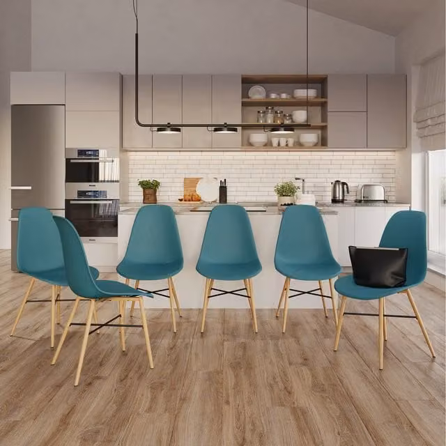 URBNLIVING Tromso Scandinavian Style Dining Chair Set of 4 in Blue Synthetic Leather with Wood Effect and Metal Legs